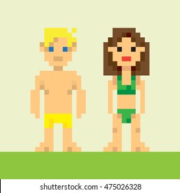 Pixel girl and pixel boy in a swimsuit, flat design. Editable vector illustration