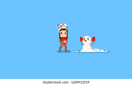 Pixel girl give her gloves to snowman.Christmas.8bit.