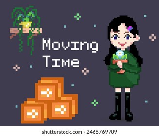 La chica Pixel está planeando mudarse, mantiene plantas de interior. cajas con cosas tiempo de movimiento. Caja de cartón vacía. Sprite de 8 bits. Desarrollo de juegos, App móvil. Ilustración vectorial