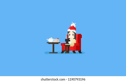 pixel girl with red santa hat playin tablet on tea time.8bit.christmas.