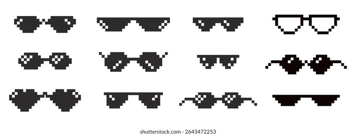Óculos de pixel 8 bits y2k, óculos escuros. Ícone de meme, óculos de proteção. Mafia meme troça engraçada preto hipster óculos para gângster 
