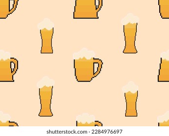 Pixel glasses of beer seamless pattern. Beer with foam in glasses. Graphic style of video games from the 90s. Design of 8 bit beer mug design for app, banner and advertising. Vector illustration