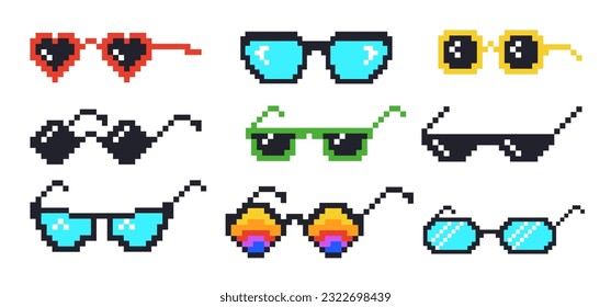 Pixel glasses. Cartoon 8 bit sunglasses, thug life mafia meme prank funny black hipster eyeglasses for gangster rapper or boss, game joke emoticon, neat vector illustration of eyeglasses glasses pixel