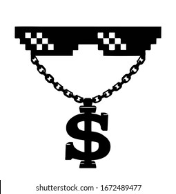 Pixel glasses and gangster necklace on the white background