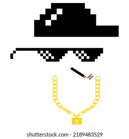 pixel glasses, gold chains, hats and cigarettes, gangsta features vector illustration