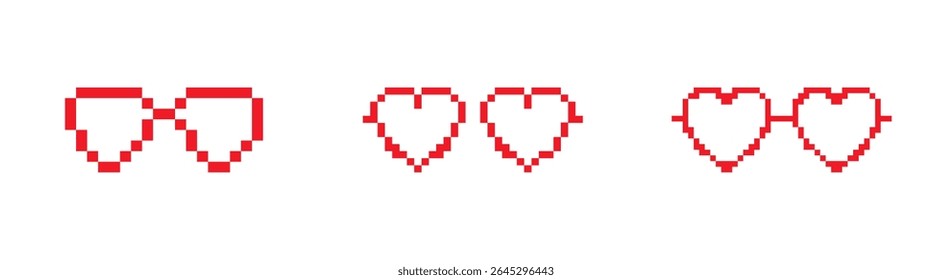Pixel glasses hearts in retro mosaic style, with digital expression and playful emotion.