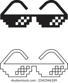 Pixel glasses icon set. Black flat and line vector collection isolated on transparent background element of pixel art. Ghetto lifestyle culture design. Mock up template. Abstract concept graphic sign.