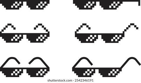 Pixel glasses icon set. Black flat vector collection isolated on transparent background element of pixel art. Ghetto lifestyle culture design. Mock up template. Abstract concept graphic sign.