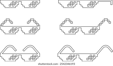 Pixel glasses icon set. Black line vector collection isolated on transparent background element of pixel art. Ghetto lifestyle culture design. Mock up template. Abstract concept graphic sign.