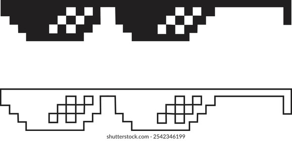 Pixel glasses icon set. Black flat and line vector collection isolated on transparent background element of pixel art. Ghetto lifestyle culture design. Mock up template. Abstract concept graphic sign.