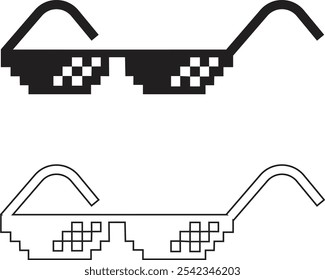 Pixel glasses icon set. Black flat and line vector collection isolated on transparent background element of pixel art. Ghetto lifestyle culture design. Mock up template. Abstract concept graphic sign.