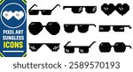Pixel glasses icon set.Pixel black sunglasses.Pixel art sunglasses with white light reflection and white background.Pixel Art Shades Cool Thug Glasses Vector Illustration. 