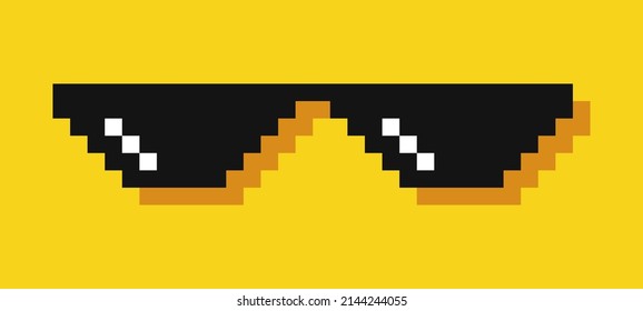 Gafas de píxeles. Meme. El bandido apunta. 8 bits. Estilo de videojuego. Ilustración del vector