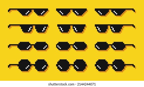 Pixel glasses. Meme. Bandit hit points. 8-bit. Video game style. Vector illustration
