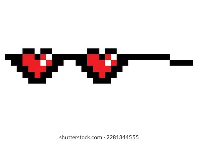 Pixel glasses meme. Like a boss meme. Pixelation, accessory optical fashion. 8 bit funky logo icon. Vector cartoon eyeglass frame for sunglasses