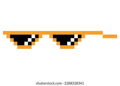 Pixel glasses meme. Like a boss meme. Pixelation, accessory optical fashion. 8 bit funky logo icon. Vector cartoon eyeglass frame for sunglasses