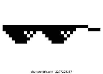 Pixel glasses meme. Like a boss meme. Pixelation, accessory optical fashion. 8 bit funky logo icon. Vector cartoon eyeglass frame for sunglasses