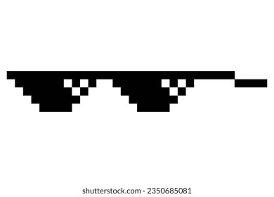 Pixel glasses meme. Like a boss meme. Pixelation, accessory optical fashion. 8 bit funky logo icon. Vector cartoon eyeglass frame for sunglasses