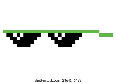 Pixel glasses meme. Like a boss meme. Pixelation, accessory optical fashion. 8 bit funky logo icon. Vector cartoon eyeglass frame for sunglasses