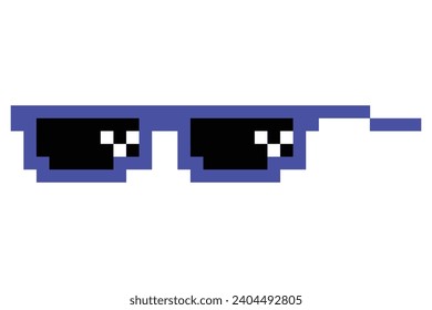 Pixel glasses meme. Like a boss meme. Pixelation, accessory optical fashion. 8 bit funky logo icon. Vector cartoon eyeglass frame for sunglasses