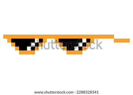 Pixel glasses meme. Like a boss meme. Pixelation, accessory optical fashion. 8 bit funky logo icon. Vector cartoon eyeglass frame for sunglasses