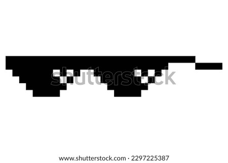 Pixel glasses meme. Like a boss meme. Pixelation, accessory optical fashion. 8 bit funky logo icon. Vector cartoon eyeglass frame for sunglasses