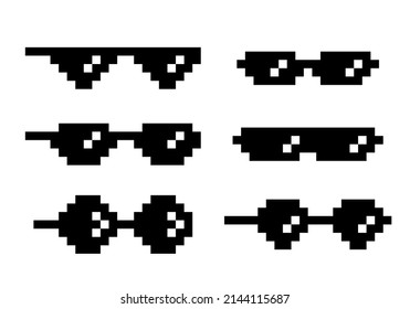 Pixel glasses meme set. Funny 8bit boss spectacles collection, gangster or mafia sunglasses retro style on white background. Thug life fun art vector illustration.