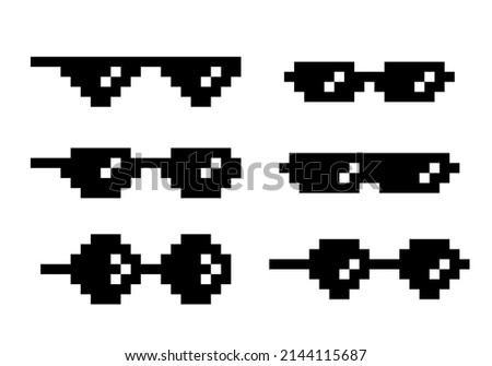 Pixel glasses meme set. Funny 8bit boss spectacles collection, gangster or mafia sunglasses retro style on white background. Thug life fun art vector illustration.