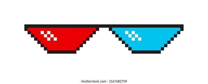 Pixel glasses. Minecraft glasses. Spectacles for meme. Sunglasses with red and blue for thug, boss, rapper and gangster. 8bit game icon. Eyeglasses isolated on white background. Vector.