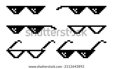 Pixel glasses. Retro funky spectacles for funny meme. 8bit pixel cool glasses icons, video game art. Vector illustration Stok fotoğraf © 