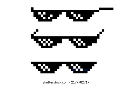 Pixel glasses. Set of black icons of accessories for bandit, rapper. In the style of a game or cartoon.
Vector illustration.