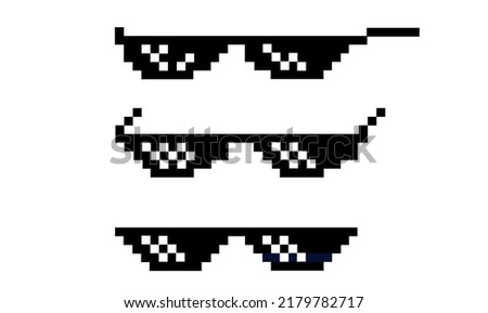 Pixel glasses. Set of black icons of accessories for bandit, rapper. In the style of a game or cartoon.
Vector illustration.