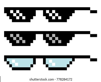 Pixel glasses set. Three pairs of eyeglasses, computer image spectacles, pair set in a frame, digital picture element Vector flat style cartoon illustration