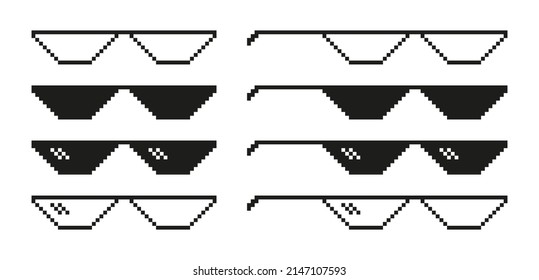 Pixel glasses. Spectacles for meme. Sunglasses for thug, boss, rapper and gangster. 8bit game icon. Eyeglasses isolated on white background. Vector.