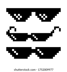 Pixelbrille. Sonnenbrille Pixel-Kunst Symbol auf weißem Hintergrund. Pixel Brille Gangster, Gangster schwarze Brille.