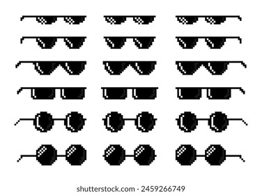 Pixel-Brille. Das Leben Sonnenbrillen Meme, wie ein Boss. Comic 8 Bit pixelated schwarze Gangster Zubehör Symbole. Cartoon 16 Bit Rapper Brille. In: Network Witze Emoticon. Vektorgrafik eingestellt. Einzelbrille