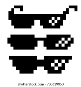 Pixel Glasses Vector. Black Game Glasses In 8-bit Style. Element For Meme Photos And Pictures. Isolated Illustration