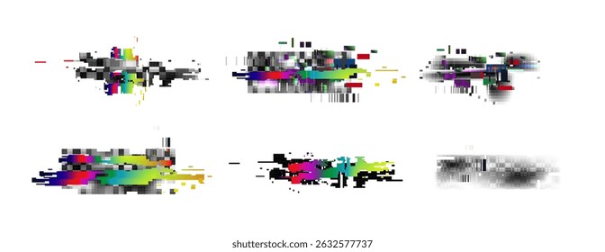 Pixel glitch abstract backgrounds set - distorted colorful mosaic, corrupted data digital noise, broken fragmented image artifacts, damaged video signal error. Retro style random chaos graphics.