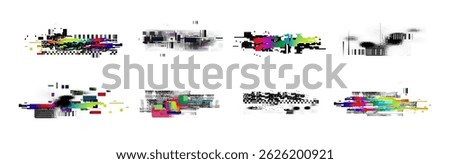 Pixel glitch abstract backgrounds set - vibrant geometric shapes, random colorful stripes, grainy texture overlays. Retro style patterns collection for vintage graphic design, web page or poster.