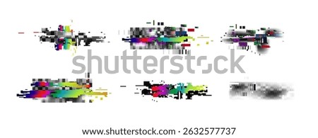 Pixel glitch abstract backgrounds set - distorted colorful mosaic, corrupted data digital noise, broken fragmented image artifacts, damaged video signal error. Retro style random chaos graphics.