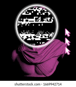 Pixel glitch art ilustration with statue of Apollo Belvedere. Vaporwave and retrowave style collage.