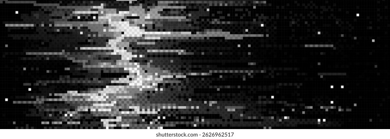 Pixel glitch background, monochrome digital noise texture. Random black and white square particles of abstract pixelated pattern. Distorted corrupted data in retro video game. Grainy geometric mosaic