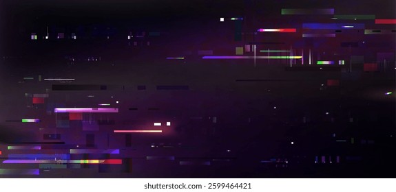 Pixel glitch effect background - colorful distorted digital noise, random horizontal lines, strips, blocks. Retro futuristic design, abstract glitched texture for web pages. Neon colors on dark.