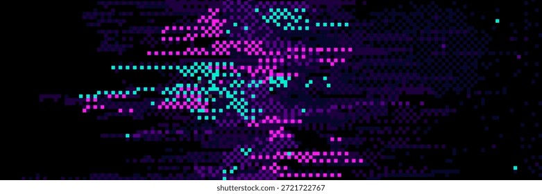 Pixelstöreffekt auf schwarzem Hintergrund. Vektorrealistische Illustration der abstrakten Rauschtextur auf dem Computerbildschirm, beschädigter TV-Bildschirm, Matrixfehler, VHS-Rückspulmuster, schlechtes Signal, alte Technologie