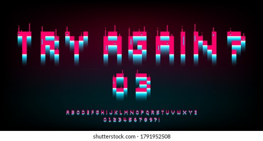 Pixel glitch font. 8 bit distortion letters, numbers and symbols. Retro bright pink and blue game type. Design for typography for games, banner, web. Vector.