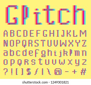 Pixel Glitch font. noise 8-bit symbols. Digital video game style. Letters and numbers. Vintage retro typeface abc. Error Computer Video. Futuristic Alphabet.