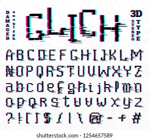 Fuente Pixel Glitch. ruido de símbolos de 8 bits. Estilo de videojuego digital. Cartas y números. Tejido retro vintage abc. Error en el vídeo del equipo. Alfabeto futurista.