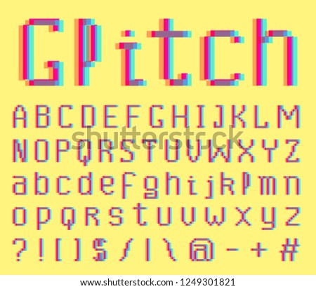 Pixel Glitch font. noise 8-bit symbols. Digital video game style. Letters and numbers. Vintage retro typeface abc. Error Computer Video. Futuristic Alphabet.