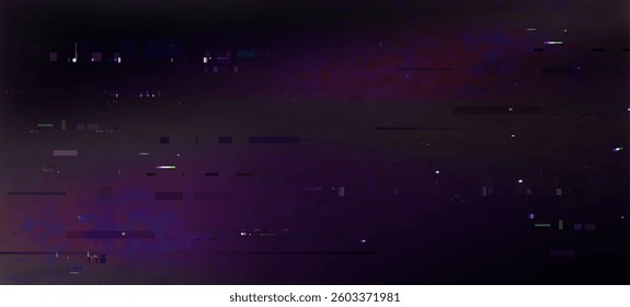 Pixel glitch noise texture with distorted digital data effect, abstract black purple background. Random artifact elements on damaged display. Tv screen error. Video game aesthetic for sci fi design.