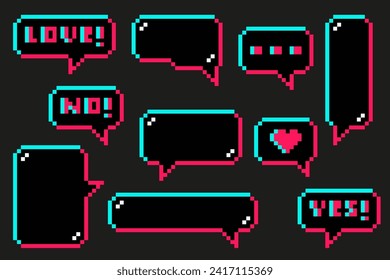 Pixel glitch speech bubble set with a few popular words. Bubbles of different shapes with empty space. Vector illustration on isolated background.